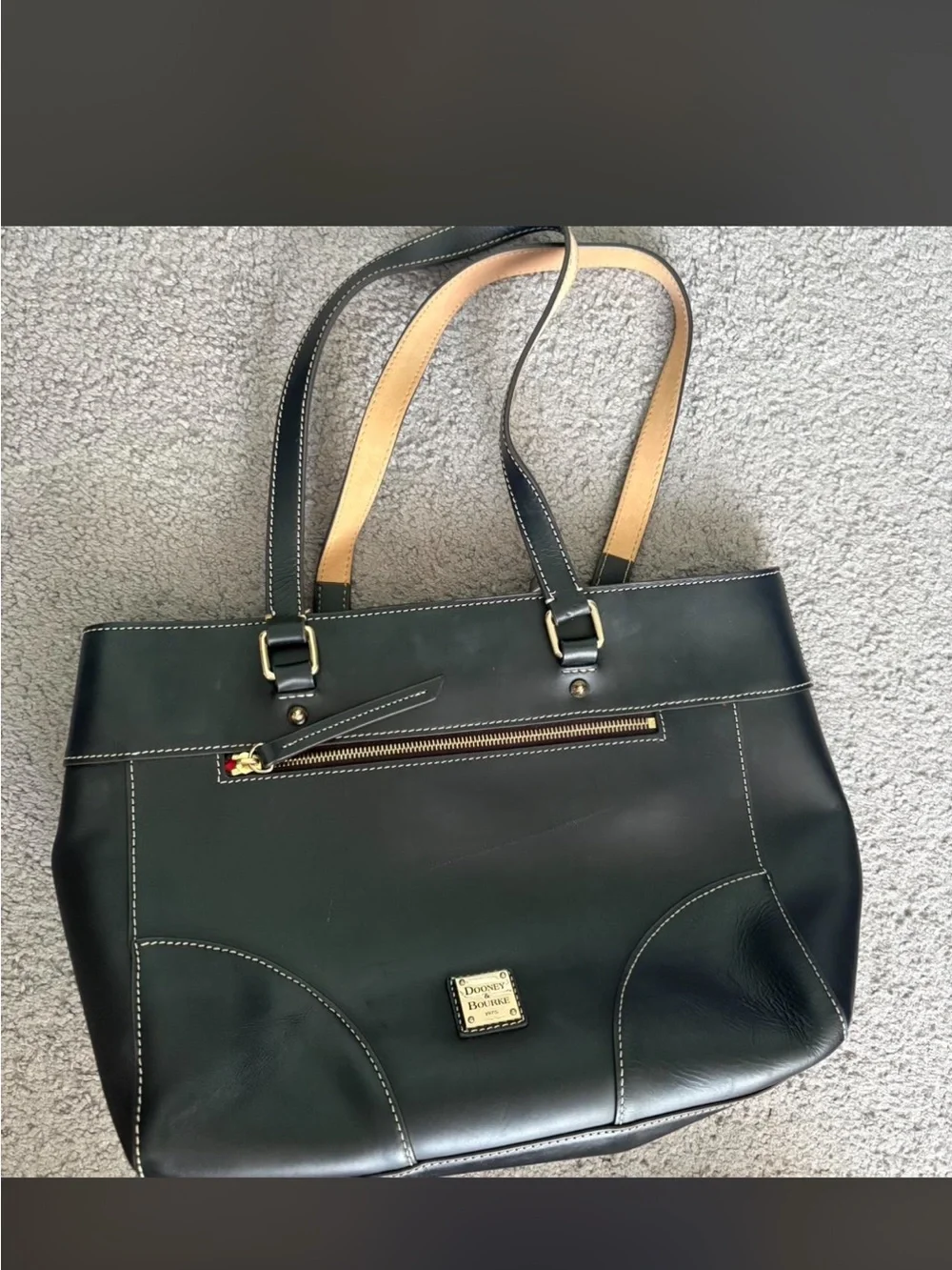 Dooney & Bourke Black Leather Tote with Contrast Tan Handles